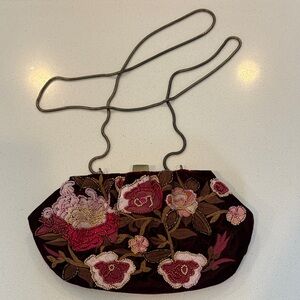 Anthropologie Floral Embroidered Clutch Bag - Red and Pink velvet